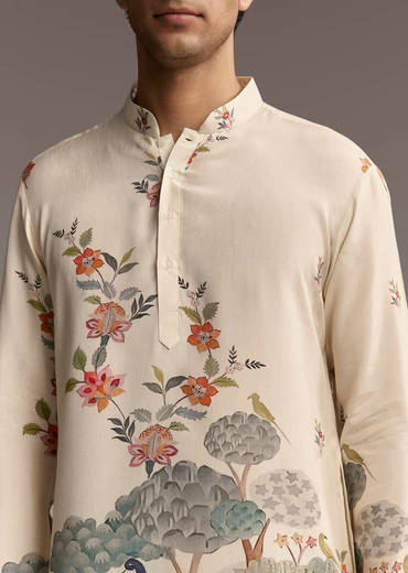 Off White Silk Kurta Set For Men With Scenic Nature Inspired Print