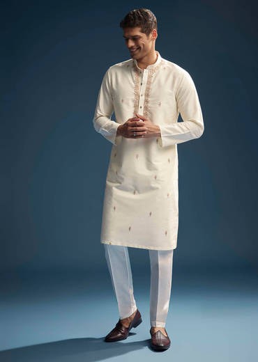 Off White Silk Kurta Set For Men With Zardosi And Aari Work