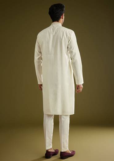 Off White Silk Kurta Set With Embroidered Yoke