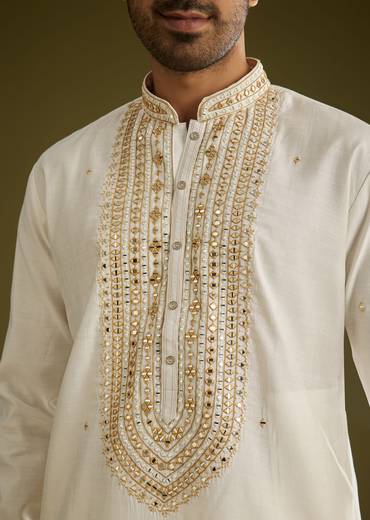 Off White Silk Kurta Set With Mirror Thread Embroidered Yoke