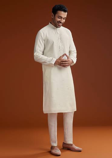 Off White Silk Kurta Set With Mirror Work