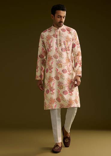 Off White Silk Kurta Set With Warm Coloured Nature Motifs