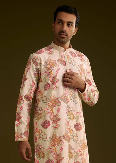 Off White Silk Kurta Set With Warm Coloured Nature Motifs