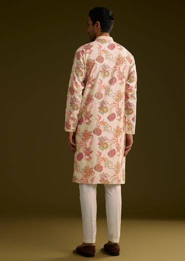 Off White Silk Kurta Set With Warm Coloured Nature Motifs