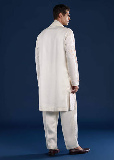 Off White Silk Linen Blend Mens Kurta Set with Dupatta