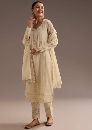 Off White Thread Motiwork Chanderi Kurta Dupatta Set