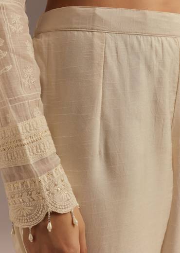 Off White Thread Motiwork Chanderi Kurta Dupatta Set