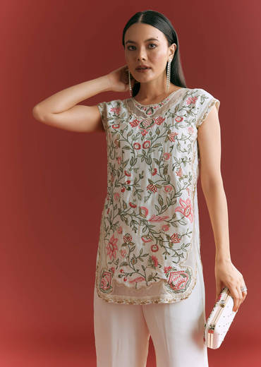 Off White Viscose Silk Short Kurta Set With Resham Work
