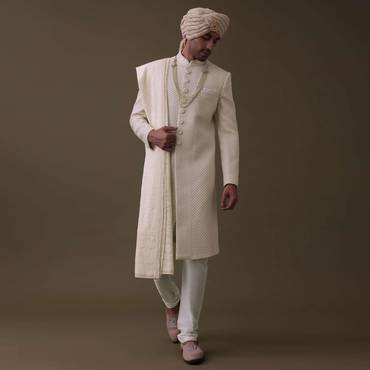 Off White Sherwani Set In Silk With Lucknowi Embroidery