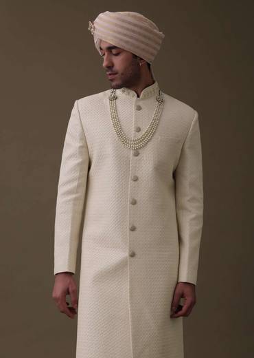 Off White Silk Sherwani Set With Lucknowi Embroidery And Mala