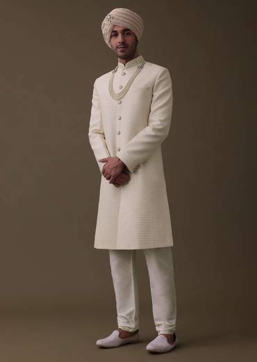 Off White Silk Sherwani Set With Lucknowi Embroidery And Mala