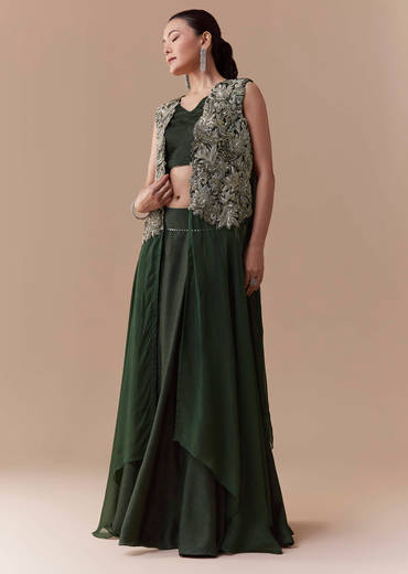 Olive Crop Top Silk Skirt Set with Sequin Jacket