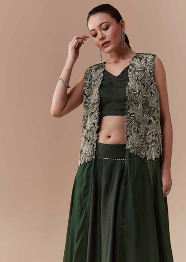 Olive Crop Top Silk Skirt Set with Sequin Jacket