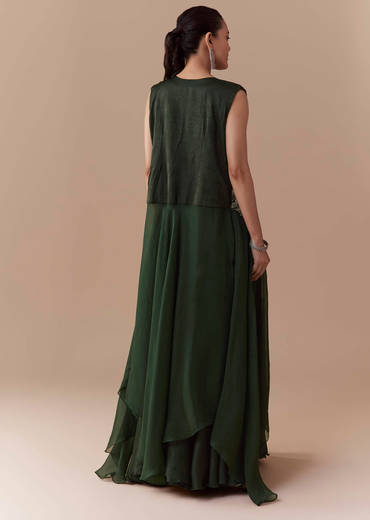 Olive Crop Top Silk Skirt Set with Sequin Jacket