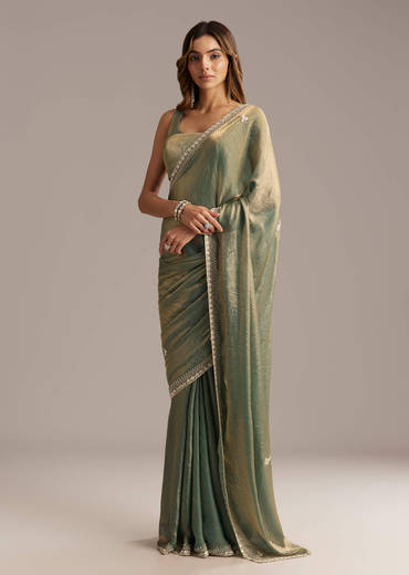 Olive Green Chinon Saree With Velvet Touch And Sequin Work
