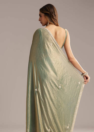 Olive Green Chinon Saree With Velvet Touch And Sequin Work