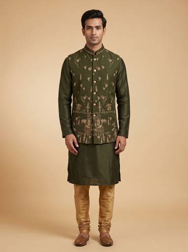 Olive Green Jacket Kurta Set