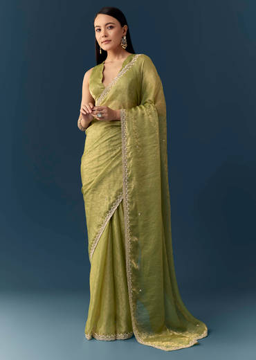 Olive Green Jacquard Printed Tissue Saree with Unstitched Blouse