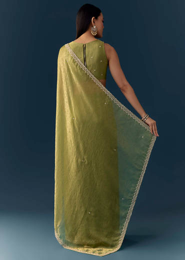 Olive Green Jacquard Printed Tissue Saree with Unstitched Blouse