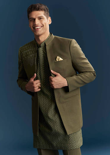 Olive Green Jodhpuri Suit For Men With Resham And Beads Embroidery