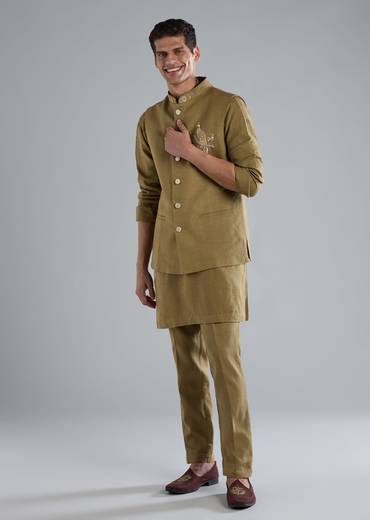 Olive Green Linen Kurta Jacket Set With Zardosi Hand Work