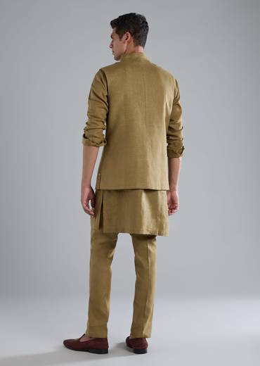 Olive Green Linen Kurta Jacket Set With Zardosi Hand Work