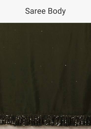 Olive Green Saree In Crepe With Sequins Ruffle On The Border, Sequins Blouse With Front Cut Out And Embellished Belt