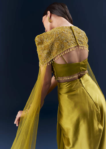 Olive Green Satin Crop Top And Drape Skirt Set With Embroidery