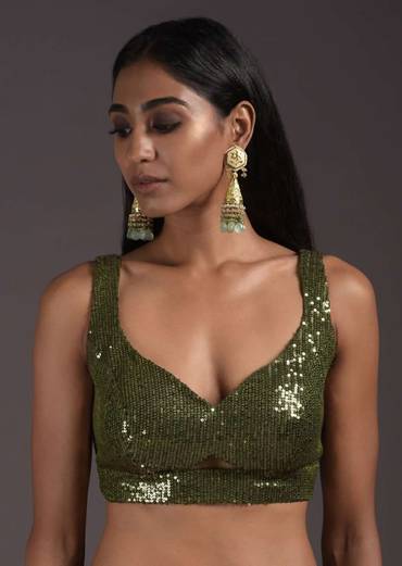 Olive Green Sleeveless Blouse Embellished In Sequins With Cut Outs In The Front And Back