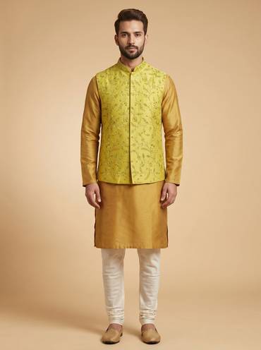 Olive Green Structured Jacket Kurta Set