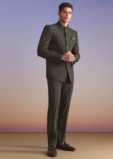 Olive Jodhpuri Suit For Men With Resham Work