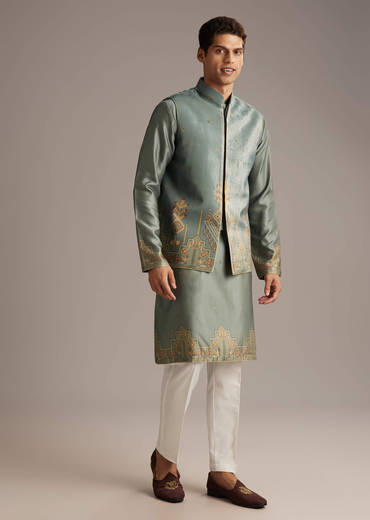 Olive Velvet Kurta Jacket Set For Men With Geometric Print