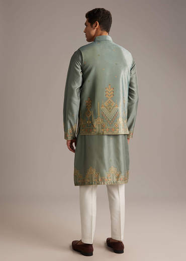 Olive Velvet Kurta Jacket Set For Men With Geometric Print