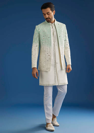 Ombre Green Silk Indo Western Jacket Set With Mirror And Thread Work