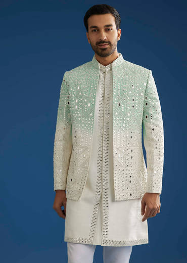 Ombre Green Silk Indo Western Jacket Set With Mirror And Thread Work