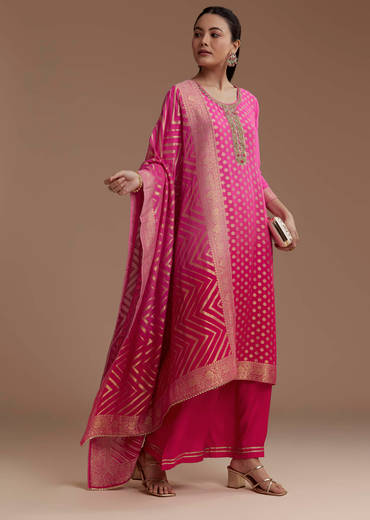 Ombre Pink Jacquard Weave Kurta Set