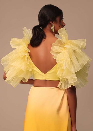 Ombre Yellow Satin Saree With Cut Work Belt