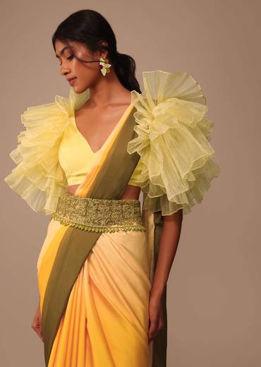 Ombre Yellow Satin Saree With Cut Work Belt