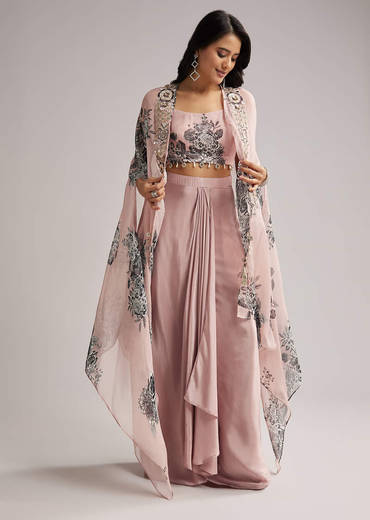 Onion Pink Floral Cape Set With Crop Top And Skirt
