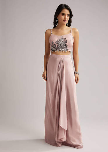 Onion Pink Floral Cape Set With Crop Top And Skirt