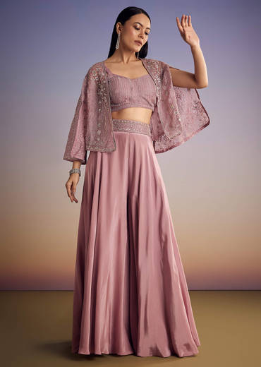 Onion Pink Organza Jacket Set With Cutdana And Beads Work