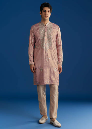 Onion Pink Tissue Kurta Set With Embroidered Yoke