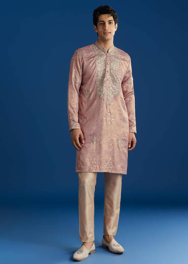 Onion Pink Tissue Kurta Set With Embroidered Yoke