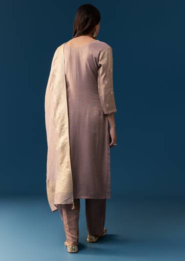 Onion Pink Tissue Kurta Set With Zardosi Detail