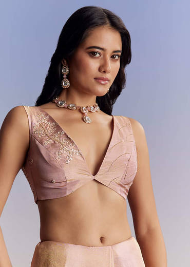 Onion Pink Tissue Saree With Gota Patti Moti And Cutdana Scallop Border