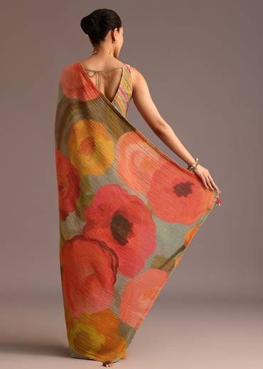 Orange Abstract Printed Crush Saree