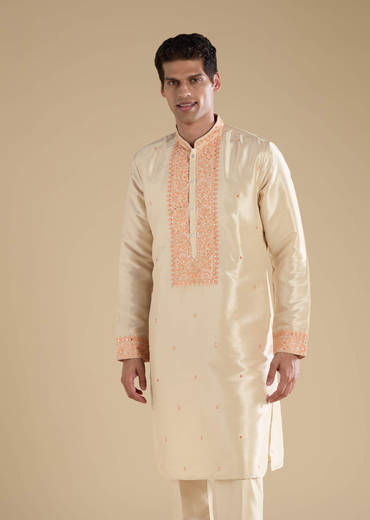 Orange Art Silk Jacket Kurta Set with Mirror Work