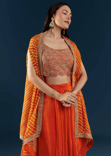 Orange Asymmetric Crop Top Skirt Set with Leheriya Cape