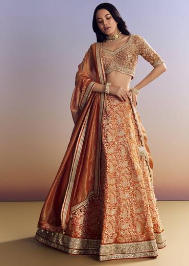 Orange Banarasi Lehenga With Embroidered Choli And Dupatta