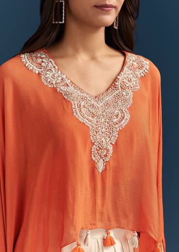 Orange Cape Crop Top Dhoti Set With Moti And Cut Dana Embroidery